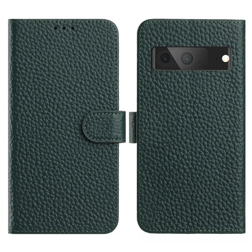 For Google Pixel 7a Case Wallet Stand Litchi Texture Genuine Cow Leather Flip Phone Cover - Green - 1