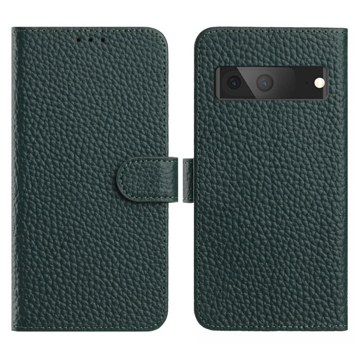 For Google Pixel 7a Case Wallet Stand Litchi Texture Genuine Cow Leather Flip Phone Cover - Green - 1