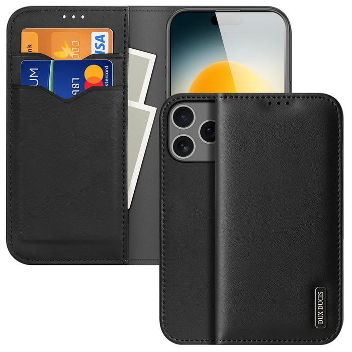 DUX DUCIS For iPhone 17 Pro Case  Hivo Series Cowhide Leather RFID Blocking Wallet Stand Flip Phone Cover - Black - 1