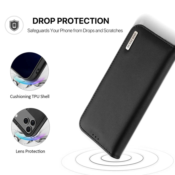DUX DUCIS For iPhone 17 Pro Case  Hivo Series Cowhide Leather RFID Blocking Wallet Stand Flip Phone Cover - Black - 5