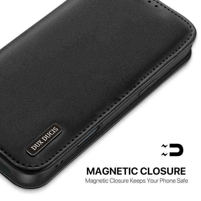 DUX DUCIS For iPhone 17 Pro Case  Hivo Series Cowhide Leather RFID Blocking Wallet Stand Flip Phone Cover - Black - 6