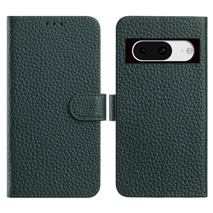 For Google Pixel 8 Case Wallet Stand Litchi Texture Genuine Cow Leather Flip Phone Cover - Green - 1