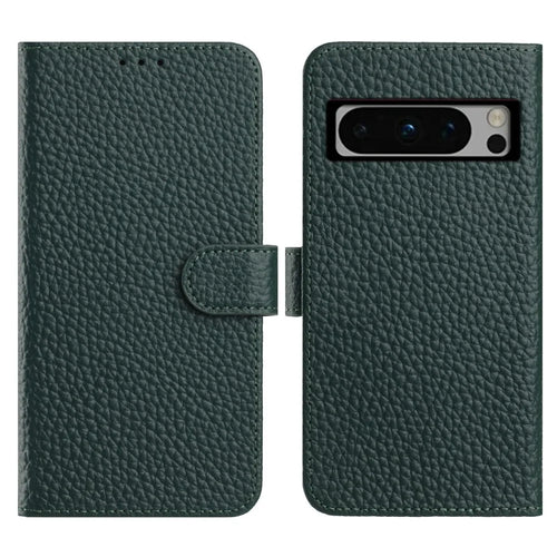 For Google Pixel 8 Pro Case Wallet Stand Litchi Texture Genuine Cow Leather Flip Phone Cover - Green - 1