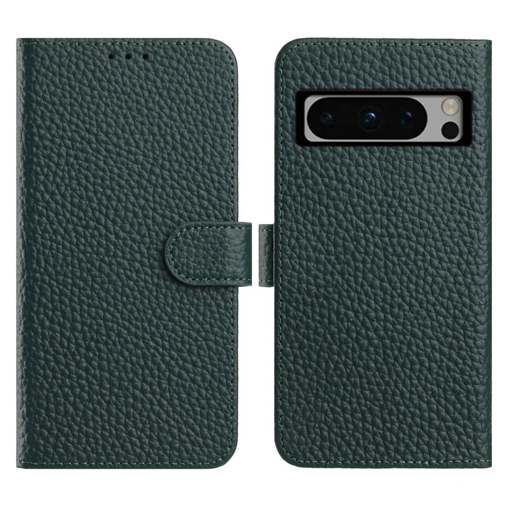For Google Pixel 8 Pro Case Wallet Stand Litchi Texture Genuine Cow Leather Flip Phone Cover - Green - 1
