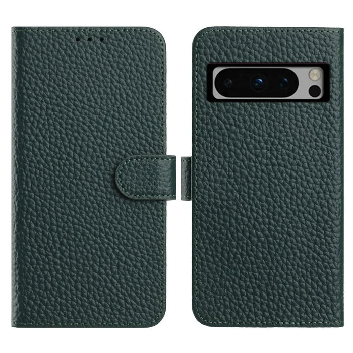 For Google Pixel 8 Pro Case Wallet Stand Litchi Texture Genuine Cow Leather Flip Phone Cover - Green - 1