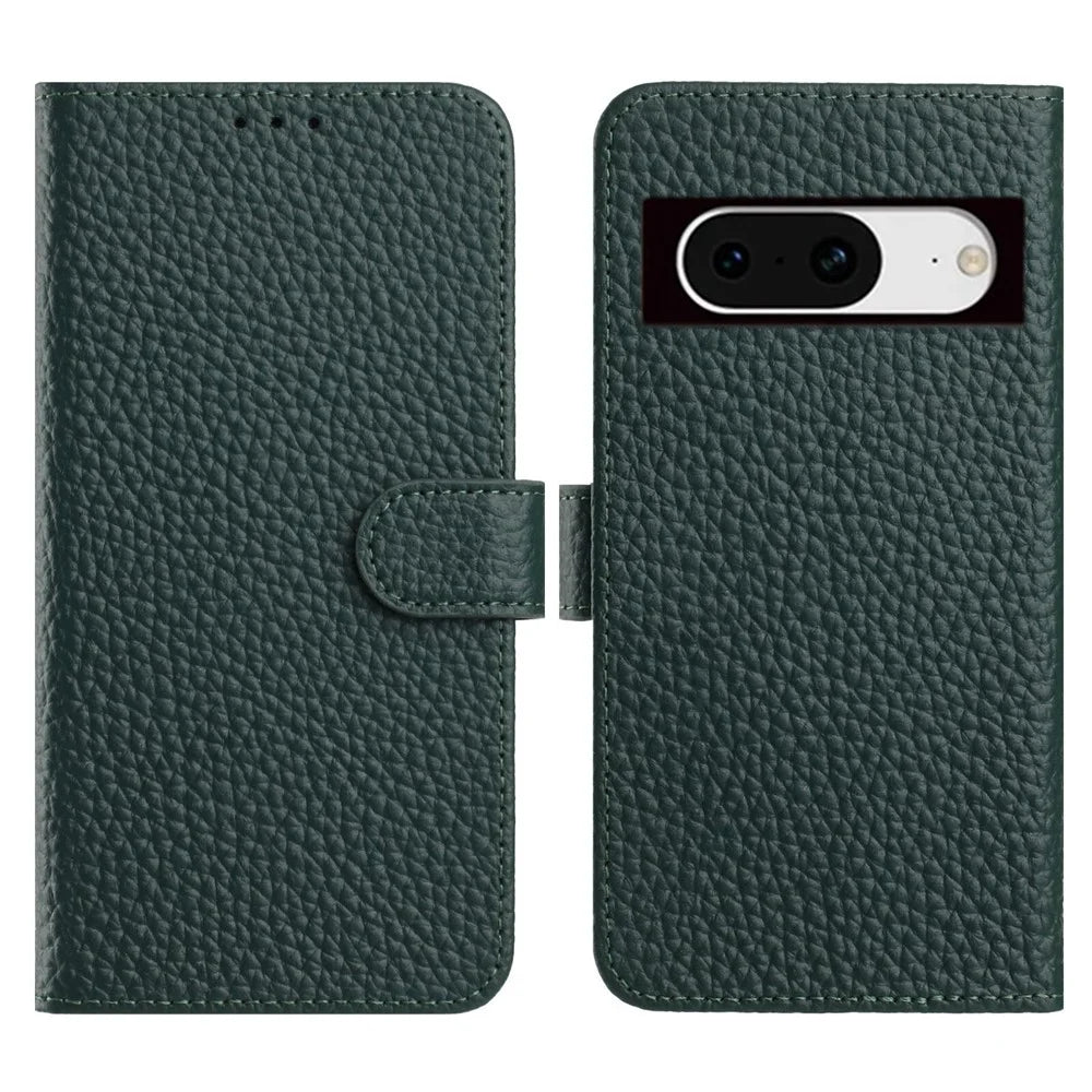 For Google Pixel 8a Case Wallet Stand Litchi Texture Genuine Cow Leather Flip Phone Cover - Green - 1