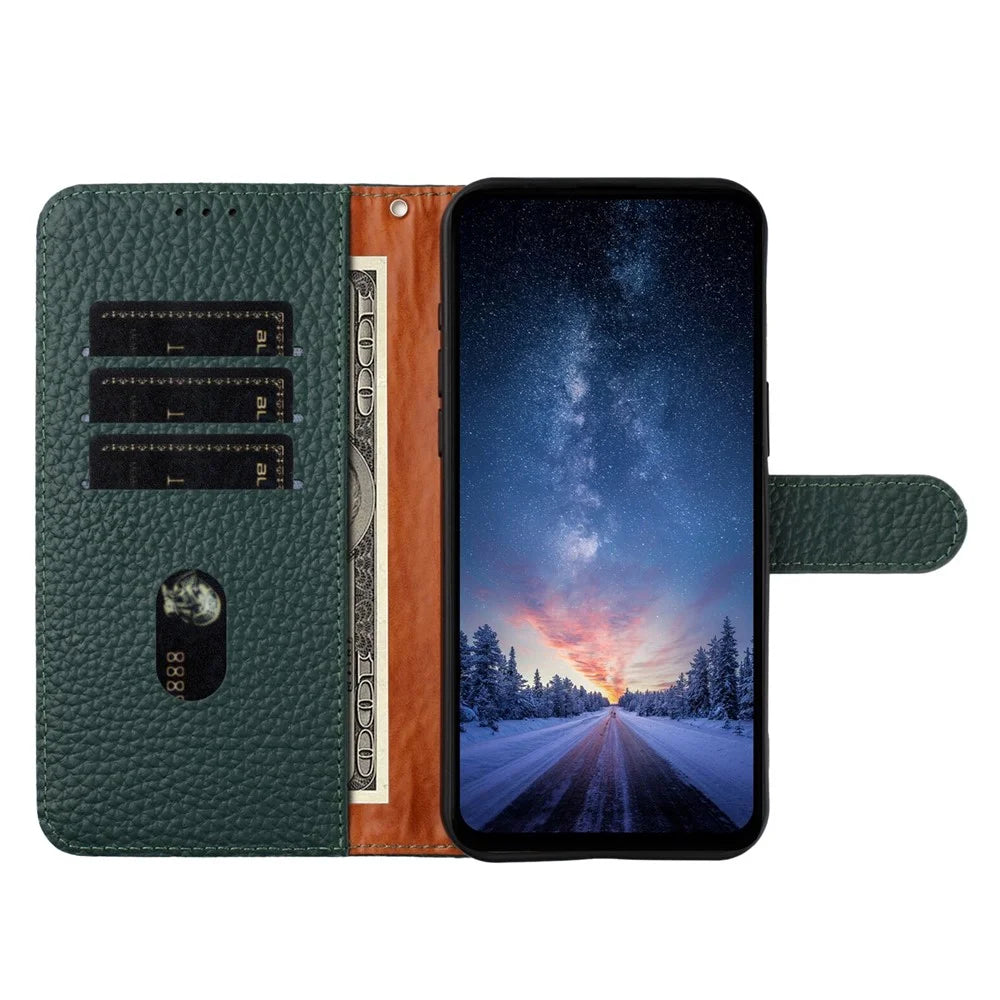 For Google Pixel 8a Case Wallet Stand Litchi Texture Genuine Cow Leather Flip Phone Cover - Green - 3