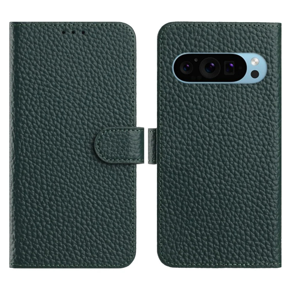 For Google Pixel 10 Pro XL  /  Pixel 9 Pro XL Case Wallet Stand Litchi Texture Genuine Cow Leather Flip Phone Cover - Green - 1