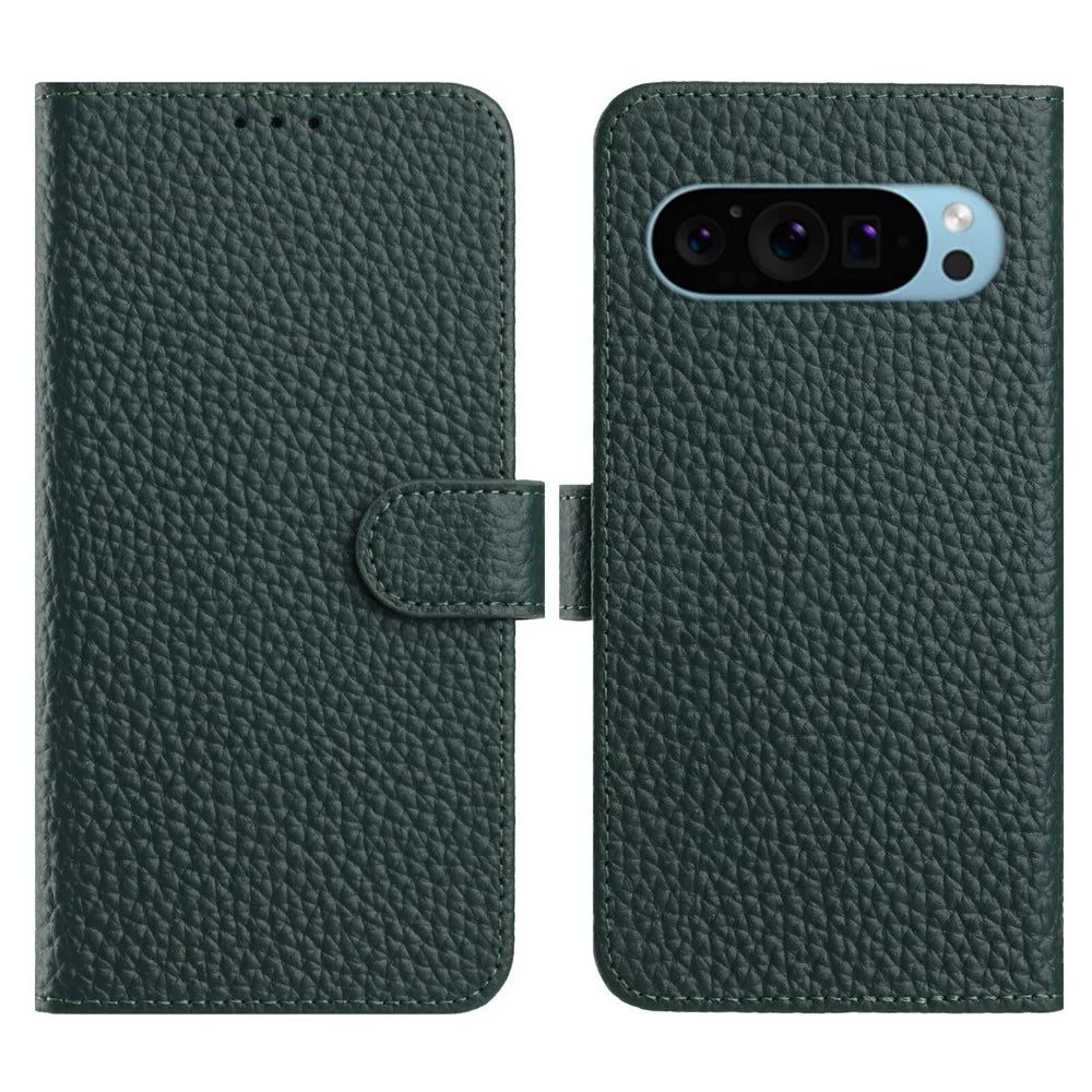 Flip Phone Case For Google Pixel 10 Pro  /  10  /  9 Pro  /  9 Wallet Stand Litchi Texture Genuine Cow Leather Cover - Green - 1