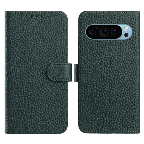 Flip Phone Case For Google Pixel 10 Pro  /  10  /  9 Pro  /  9 Wallet Stand Litchi Texture Genuine Cow Leather Cover - Green - 1