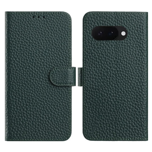 For Google Pixel 9a Case Wallet Stand Litchi Texture Genuine Cow Leather Flip Phone Cover - Green - 1