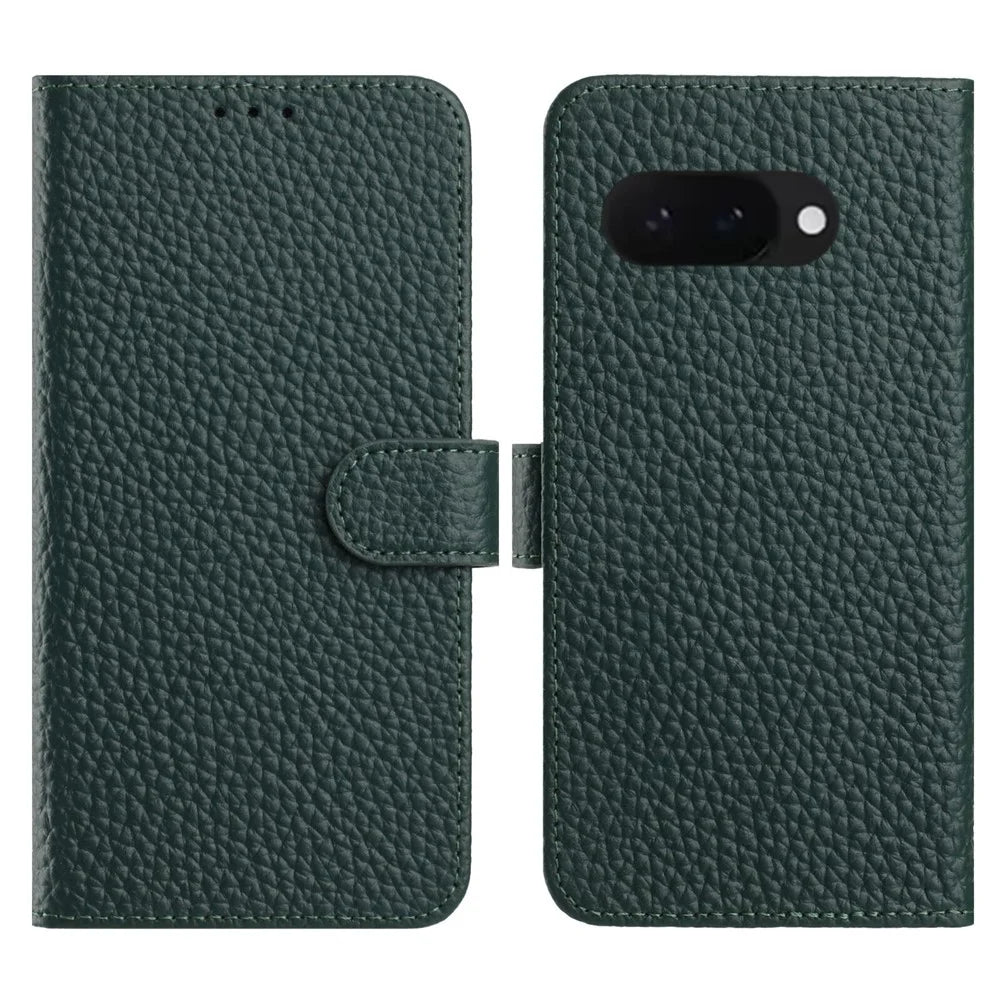 For Google Pixel 9a Case Wallet Stand Litchi Texture Genuine Cow Leather Flip Phone Cover - Green - 1