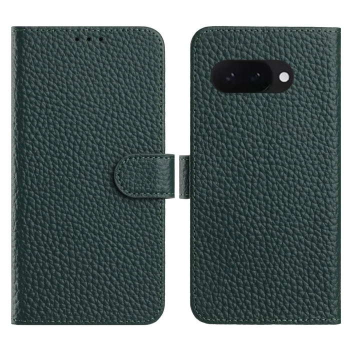 For Google Pixel 9a Case Wallet Stand Litchi Texture Genuine Cow Leather Flip Phone Cover - Green - 1