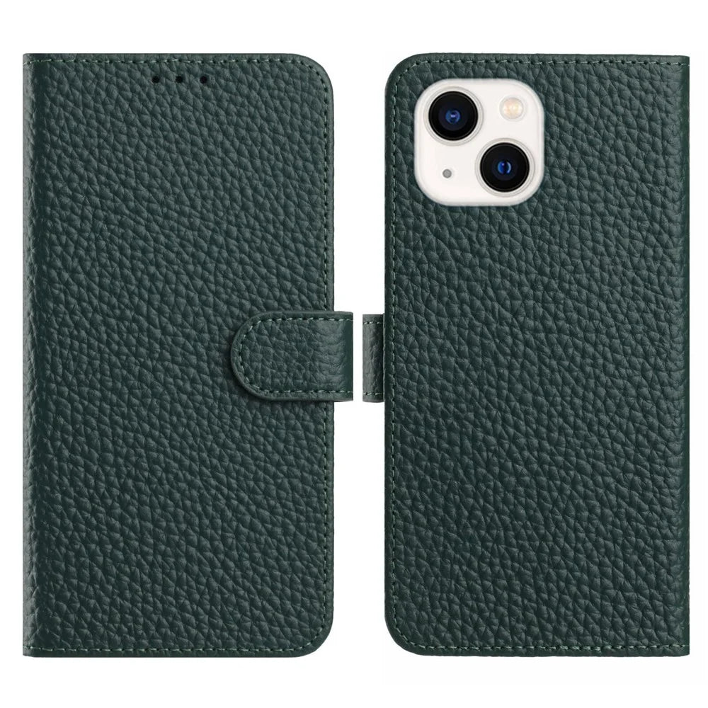 For iPhone 15 Case Wallet Stand Litchi Texture Genuine Cow Leather Flip Phone Cover - Green - 1