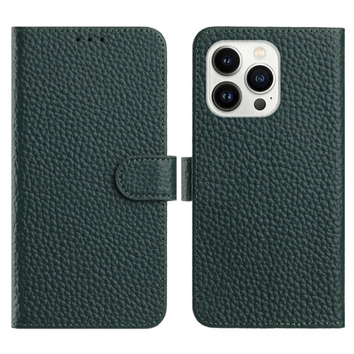 For iPhone 15 Pro Max Case Wallet Stand Litchi Texture Genuine Cow Leather Flip Phone Cover - Green - 1