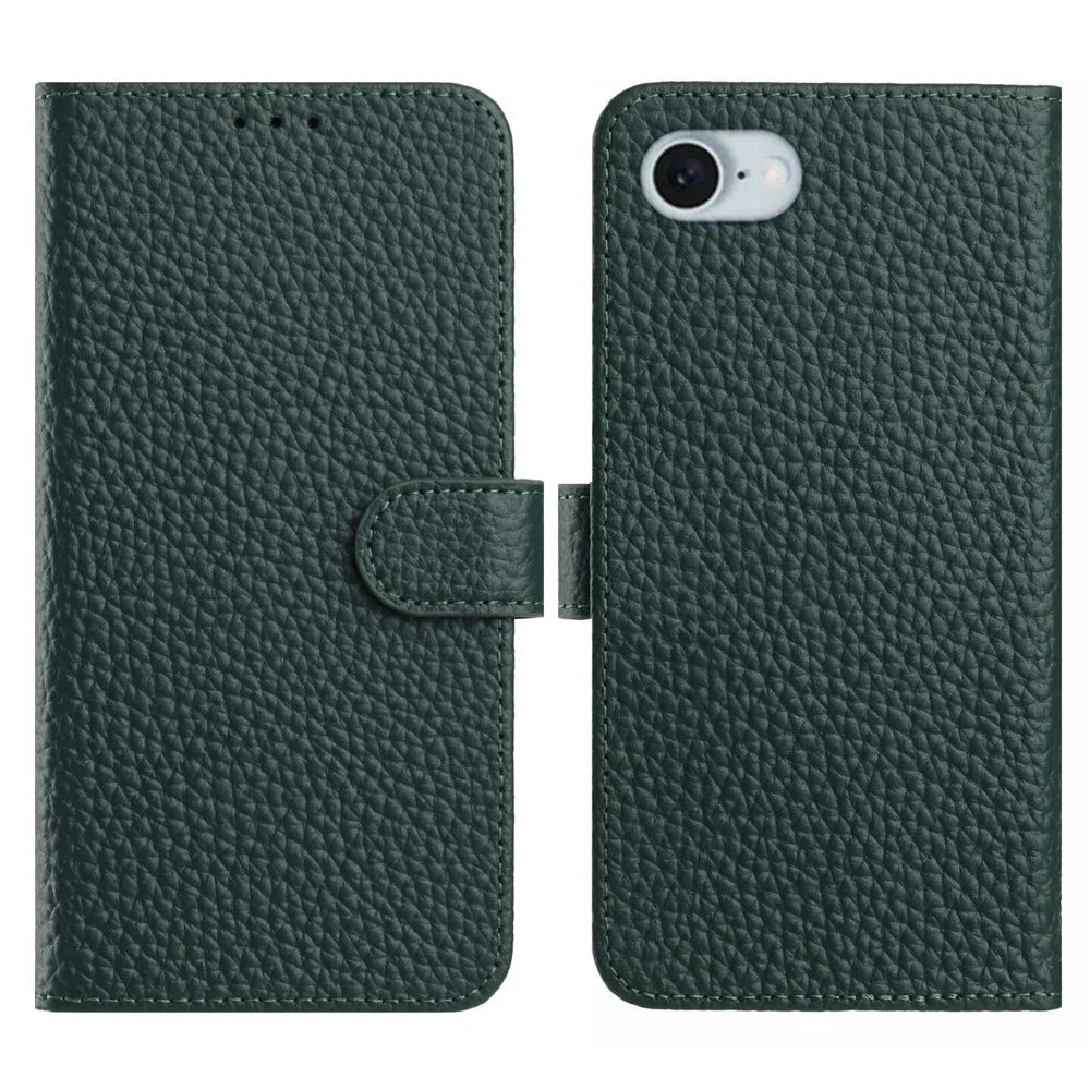 For iPhone 17e / 16e Case Wallet Stand Litchi Texture Genuine Cow Leather Flip Phone Cover - Green - 1