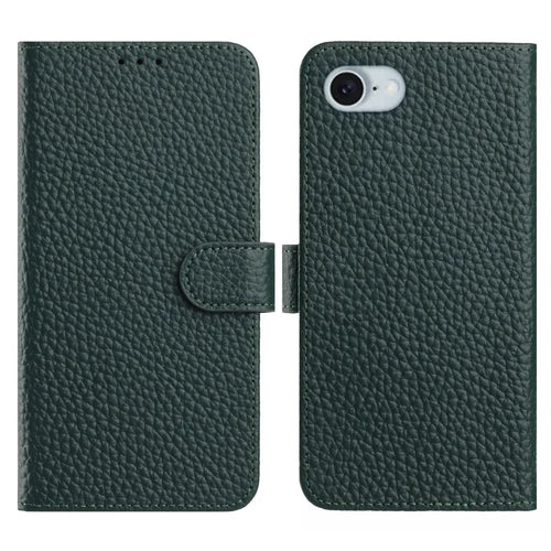 For iPhone 17e / 16e Case Wallet Stand Litchi Texture Genuine Cow Leather Flip Phone Cover - Green - 1
