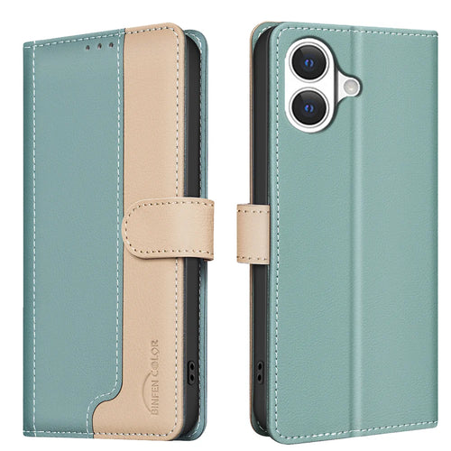 BINFEN COLOR For iPhone 17 Leather Case  Splicing Color RFID Blocking Wallet Stand Phone Cover - Green - 1