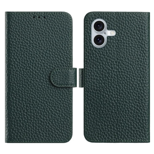 For iPhone 17 Case Wallet Stand Litchi Texture Genuine Cow Leather Flip Phone Cover - Green - 1