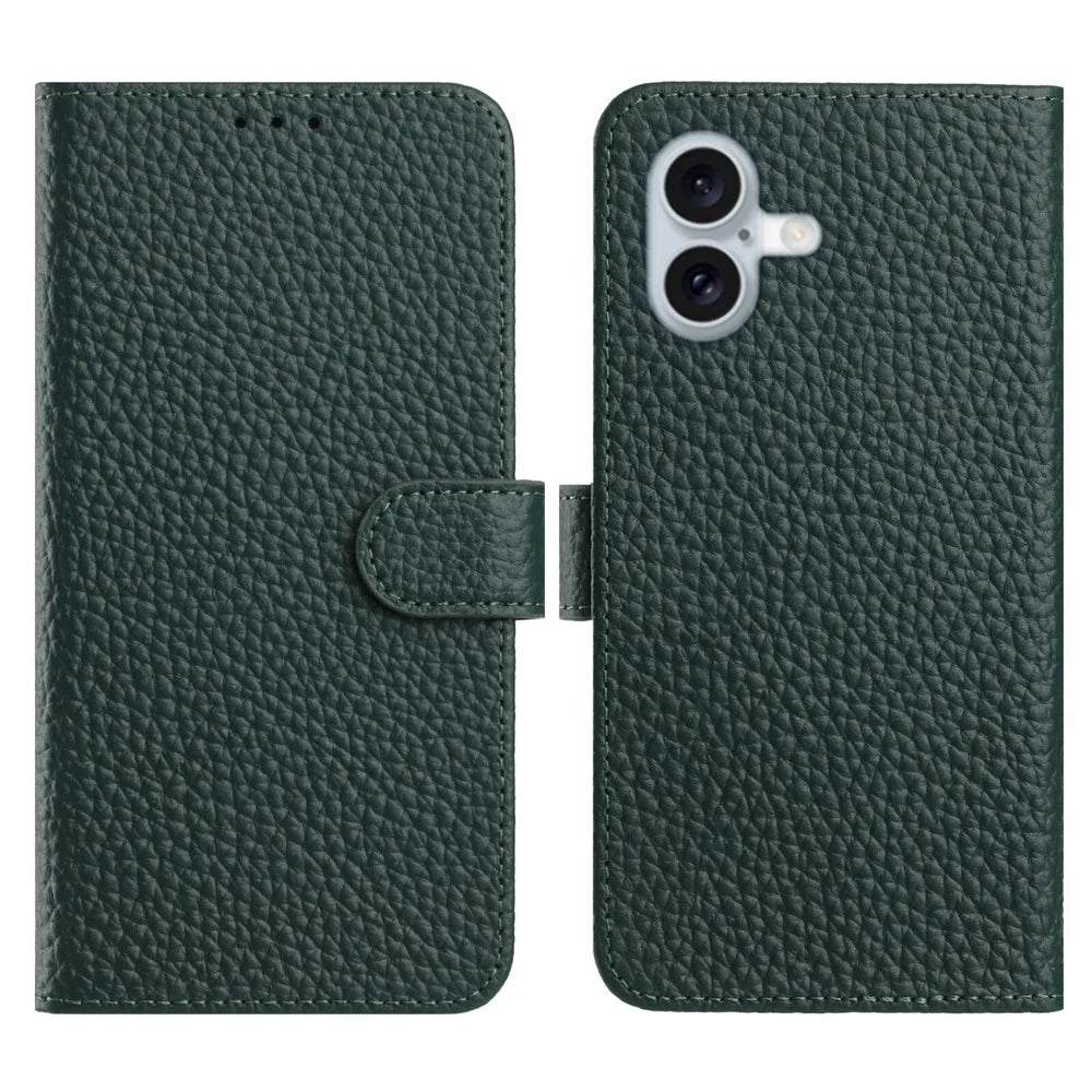 For iPhone 17 Case Wallet Stand Litchi Texture Genuine Cow Leather Flip Phone Cover - Green - 1