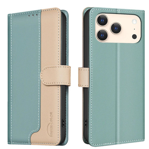 BINFEN COLOR For iPhone 18 Pro / 17 Pro Leather Case  Splicing Color RFID Blocking Wallet Stand Phone Cover - Green - 1