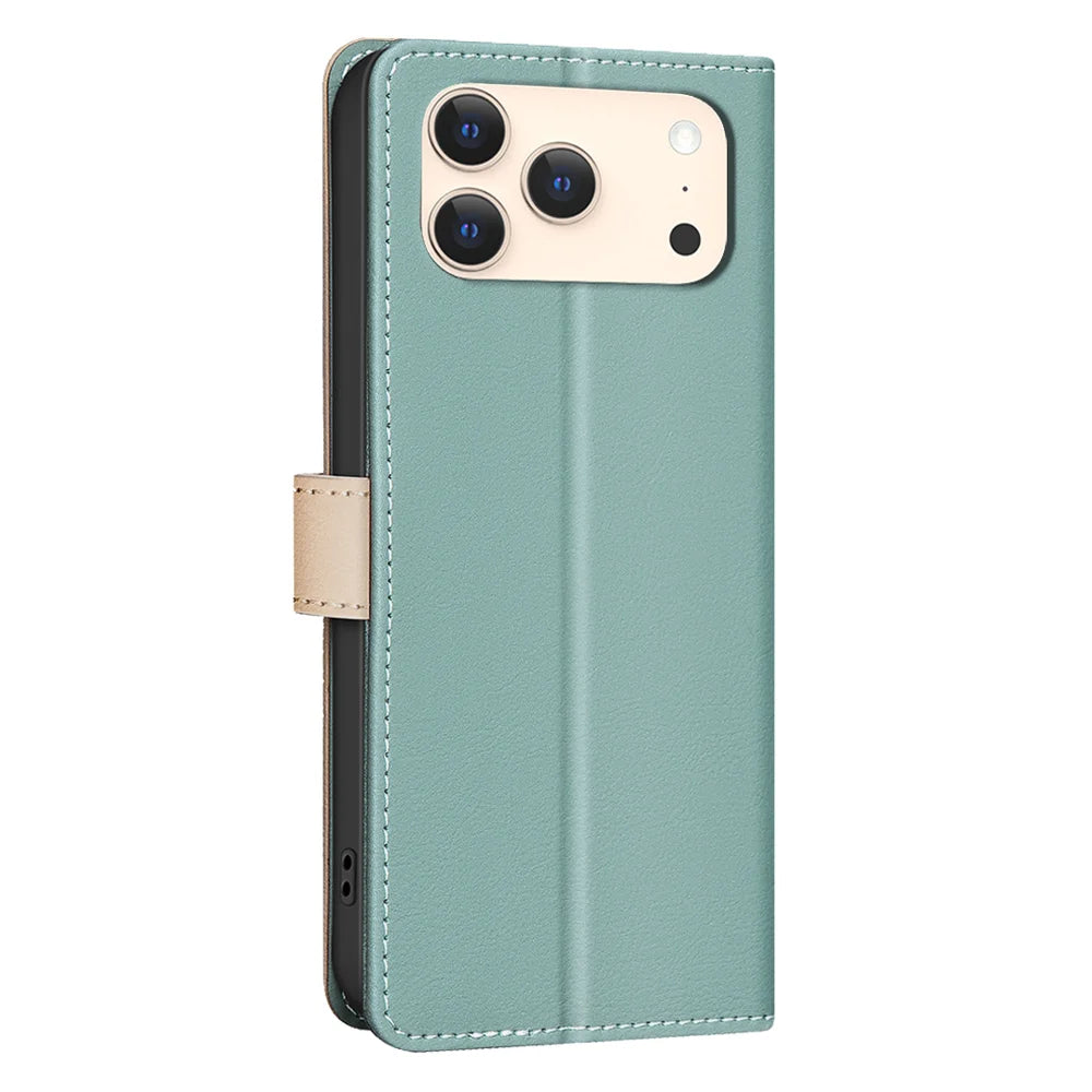 BINFEN COLOR For iPhone 18 Pro / 17 Pro Leather Case  Splicing Color RFID Blocking Wallet Stand Phone Cover - Green - 3
