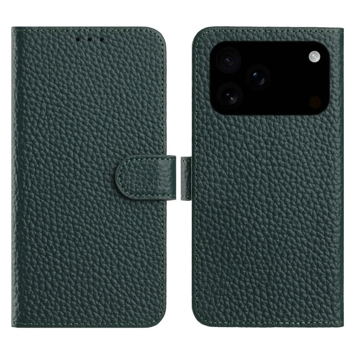 For iPhone 18 Pro Max / 17 Pro Max Case Wallet Stand Litchi Texture Genuine Cow Leather Flip Phone Cover - Green - 1
