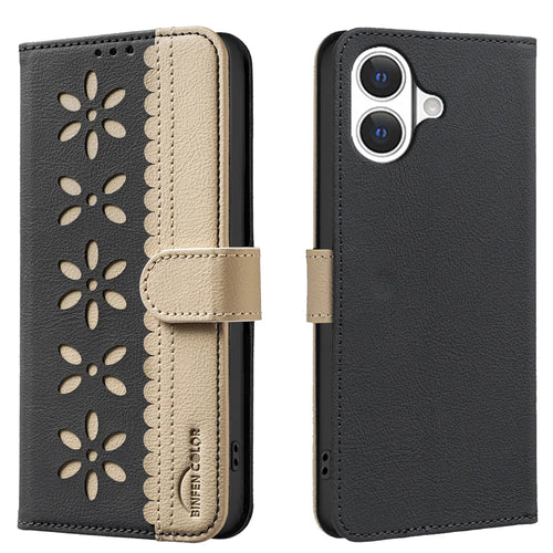 BINFEN COLOR For iPhone 17 Leather Case  BF36 Floral Pattern Phone Cover RFID Blocking Wallet Stand - Black - 1