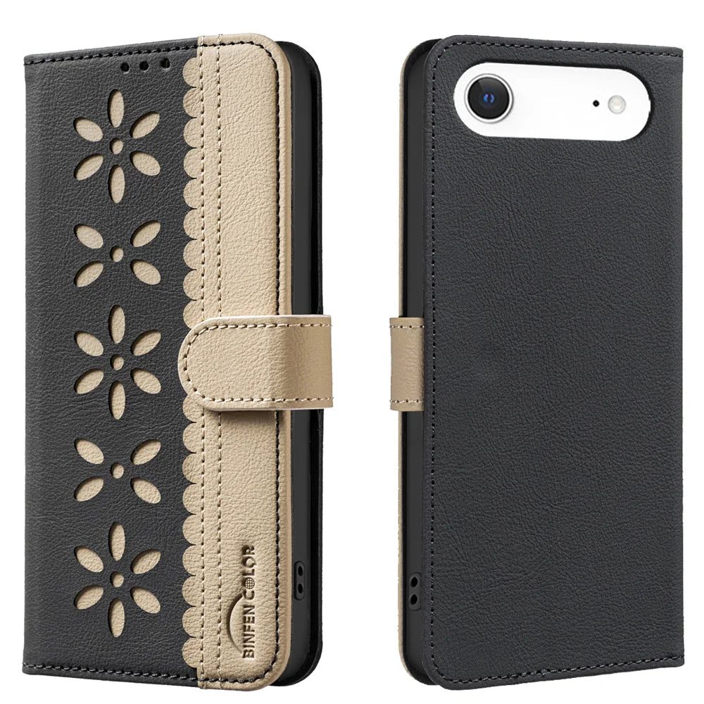 BINFEN COLOR For iPhone Air Leather Case  BF36 Floral Pattern Phone Cover RFID Blocking Wallet Stand - Black - 1
