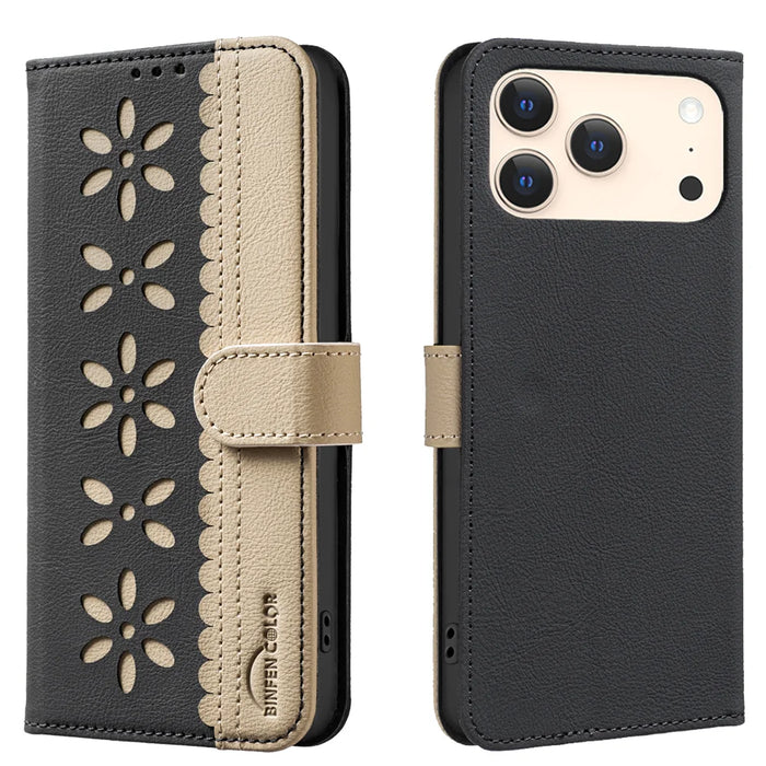 BINFEN COLOR For iPhone 18 Pro / 17 Pro Leather Case  BF36 Floral Pattern Phone Cover RFID Blocking Wallet Stand - Black - 1