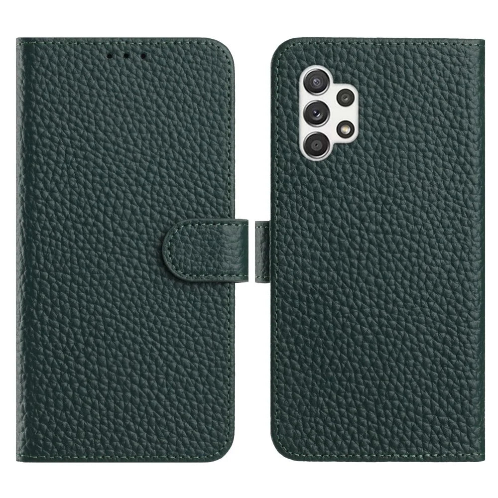 For Samsung Galaxy A13 4G Case Wallet Stand Litchi Texture Genuine Cow Leather Flip Phone Cover - Green - 1