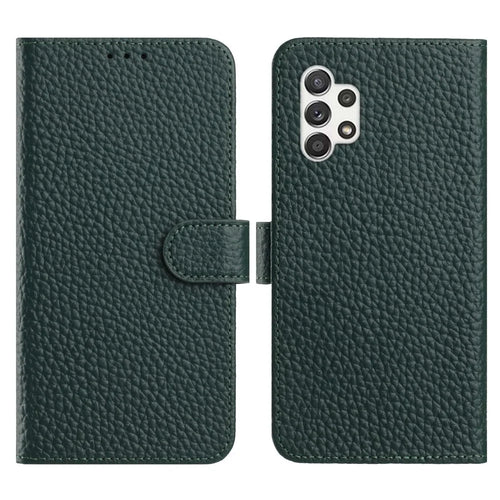 For Samsung Galaxy A13 4G Case Wallet Stand Litchi Texture Genuine Cow Leather Flip Phone Cover - Green - 1
