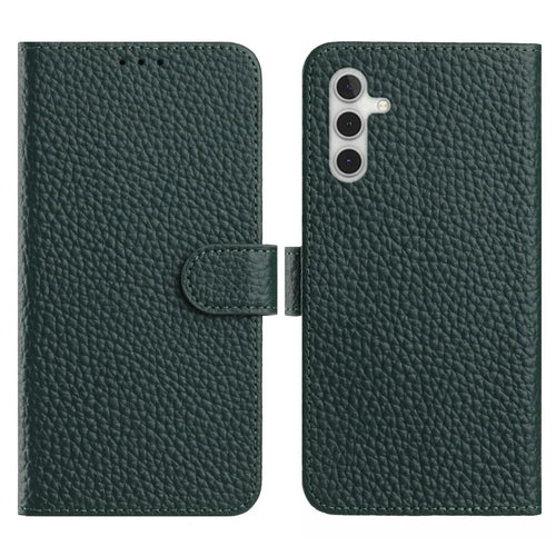 For Samsung Galaxy A15 5G  /  4G Case Wallet Stand Litchi Texture Genuine Cow Leather Flip Phone Cover - Green - 1
