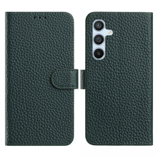 For Samsung Galaxy A26 5G  /  A17 5G / A17 4G Case Wallet Stand Litchi Texture Genuine Cow Leather Flip Phone Cover - Green - 1