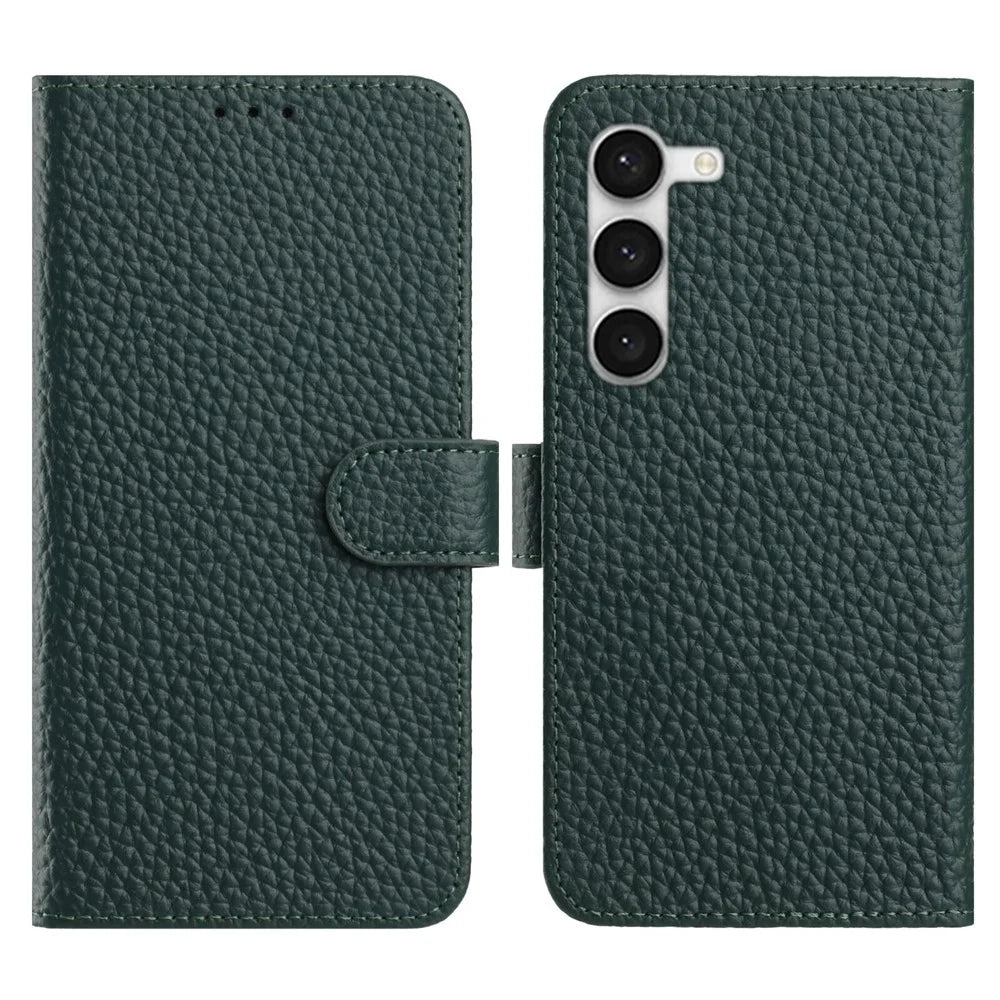 For Samsung Galaxy S23+ Case Wallet Stand Litchi Texture Genuine Cow Leather Flip Phone Cover - Green - 1