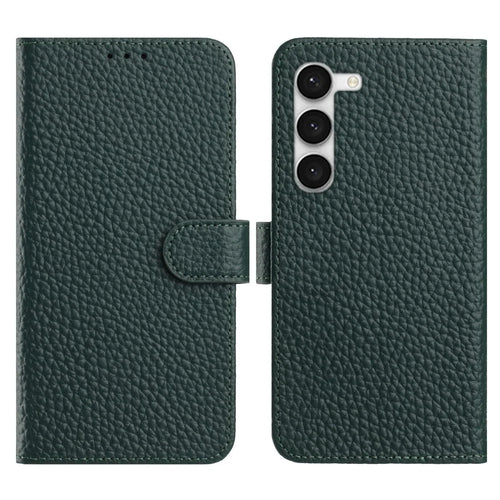 For Samsung Galaxy S23+ Case Wallet Stand Litchi Texture Genuine Cow Leather Flip Phone Cover - Green - 1