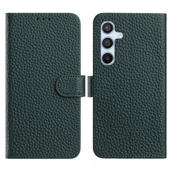 For Samsung Galaxy S25 FE Case Wallet Stand Litchi Texture Genuine Cow Leather Flip Phone Cover - Green - 1
