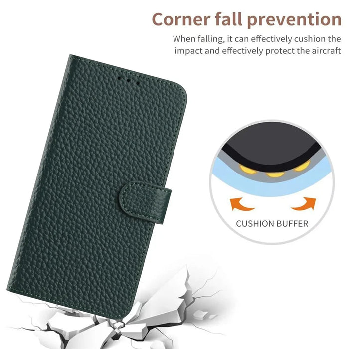 For Samsung Galaxy S25 FE Case Wallet Stand Litchi Texture Genuine Cow Leather Flip Phone Cover - Green - 4