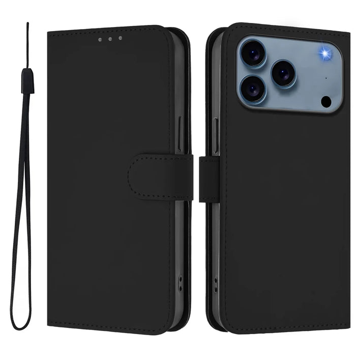 For iPhone 18 Pro / 17 Pro Case Solid Color Wallet Leather Phone Cover with Strap - Black - 1