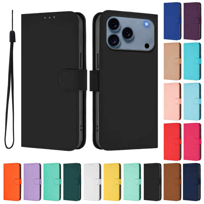 For iPhone 18 Pro / 17 Pro Case Solid Color Wallet Leather Phone Cover with Strap - Black - 3