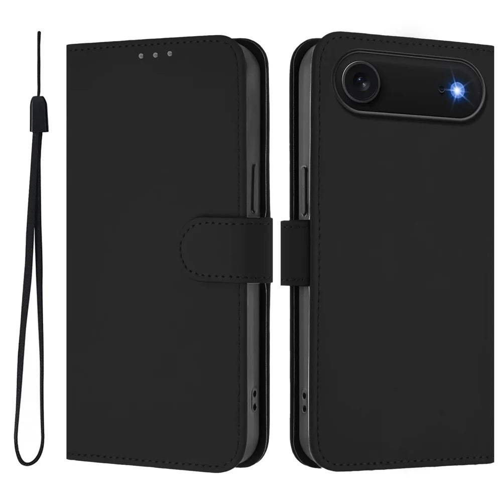 For iPhone Air Case Solid Color Wallet Leather Phone Cover with Strap - Black - 1