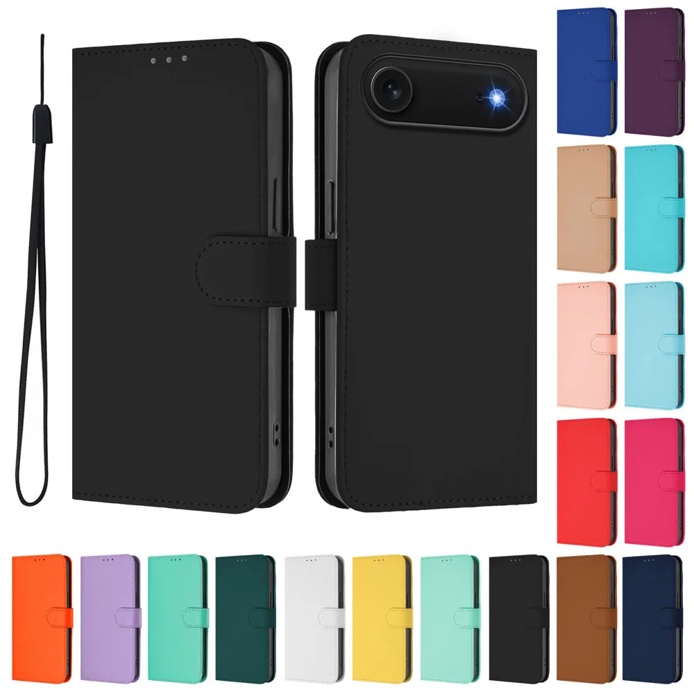 For iPhone Air Case Solid Color Wallet Leather Phone Cover with Strap - Black - 3