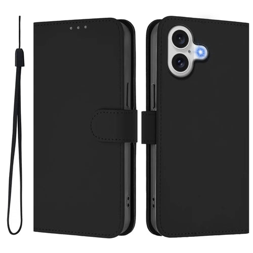 For iPhone 17 Case Solid Color Wallet Leather Phone Cover with Strap - Black - 1