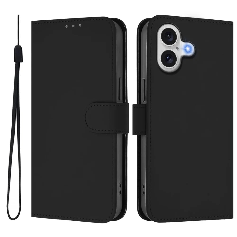 For iPhone 17 Case Solid Color Wallet Leather Phone Cover with Strap - Black - 1
