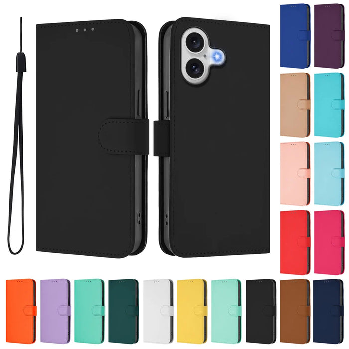 For iPhone 17 Case Solid Color Wallet Leather Phone Cover with Strap - Black - 3