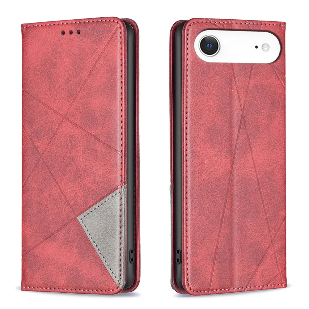 For iPhone Air Case Card Slots Geometry Imprint Leather Phone Cover - Red - 1