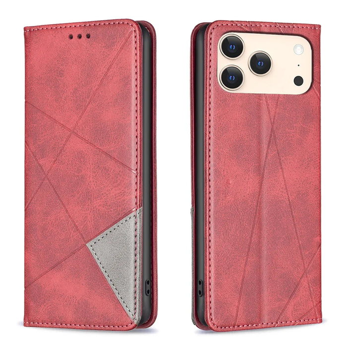 For iPhone 18 Pro Max / 17 Pro Max Case Card Slots Geometry Imprint Leather Phone Cover - Red - 1
