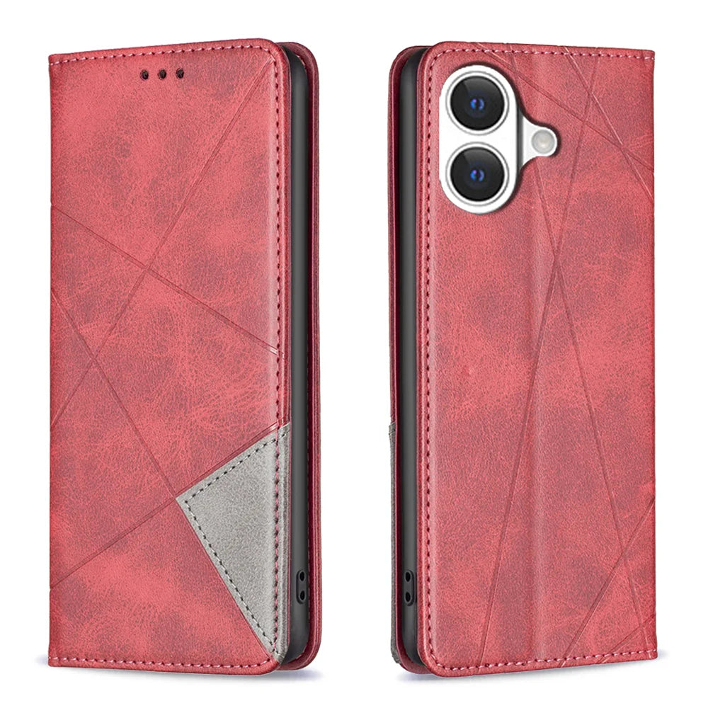 For iPhone 17 Case Card Slots Geometry Imprint Leather Phone Cover - Red - 1
