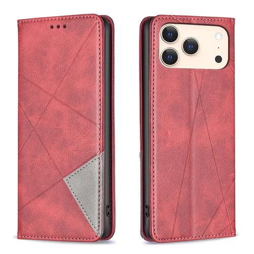 For iPhone 18 Pro / 17 Pro Case Card Slots Geometry Imprint Leather Phone Cover - Red - 1