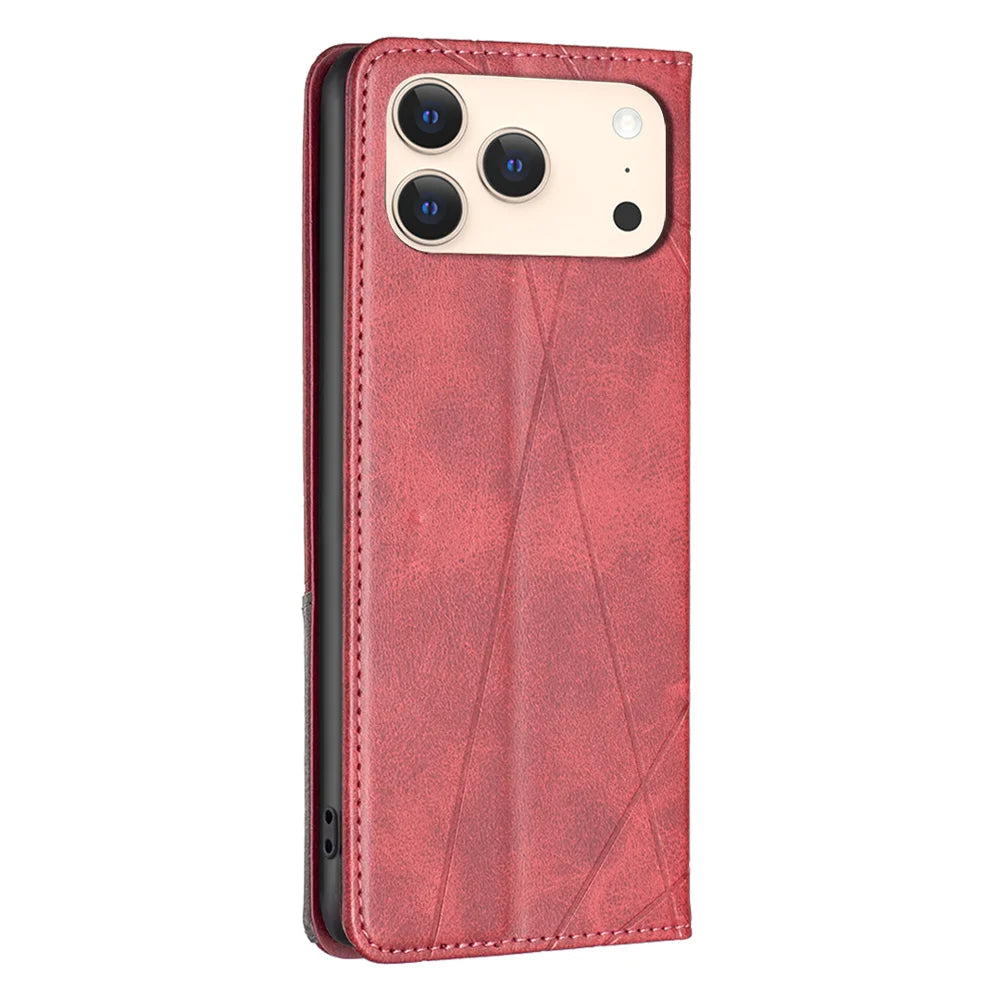 For iPhone 18 Pro / 17 Pro Case Card Slots Geometry Imprint Leather Phone Cover - Red - 3